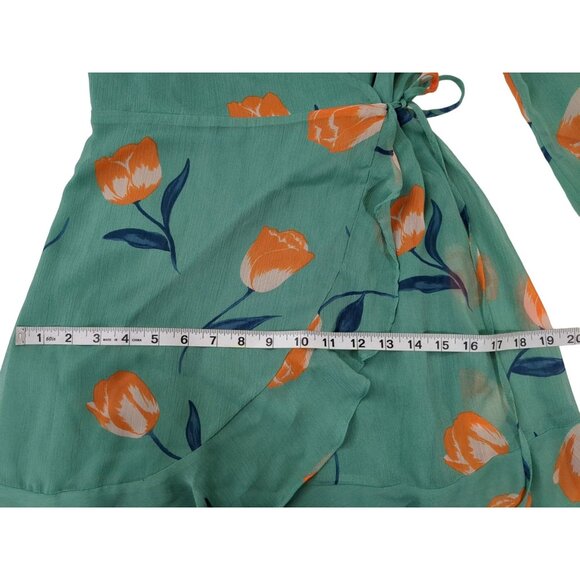 All In Favor Wrap Mini Dress Womens S Green Floral Long Sleeve Feminine Flirty - Picture 13 of 14